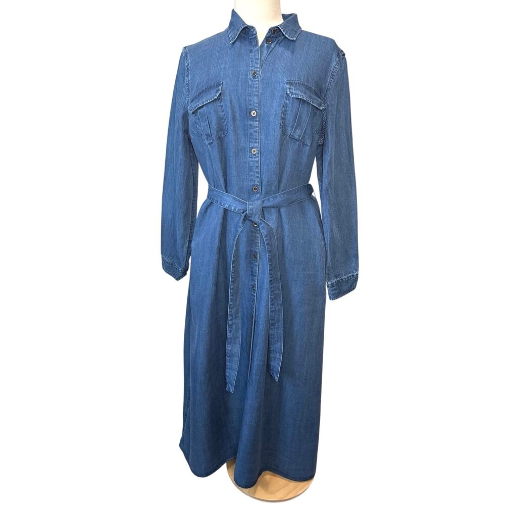 Coldwater Creek Midi Shirt Dress Long Sleeve Chambray Blue Button Front SzLarge